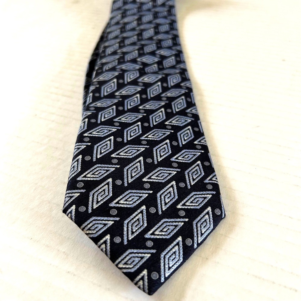 Brioni Silk Tie Mens Black Silver Blue Geometric Diamond Hand Made Italy 0636